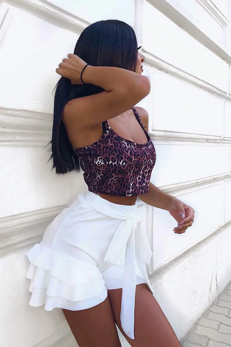 White Ruffle Trim Belted Shorts - Afra