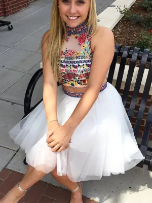White Two Piece Embroidery High Neck Open Back Homecoming Dresses ,HD0018