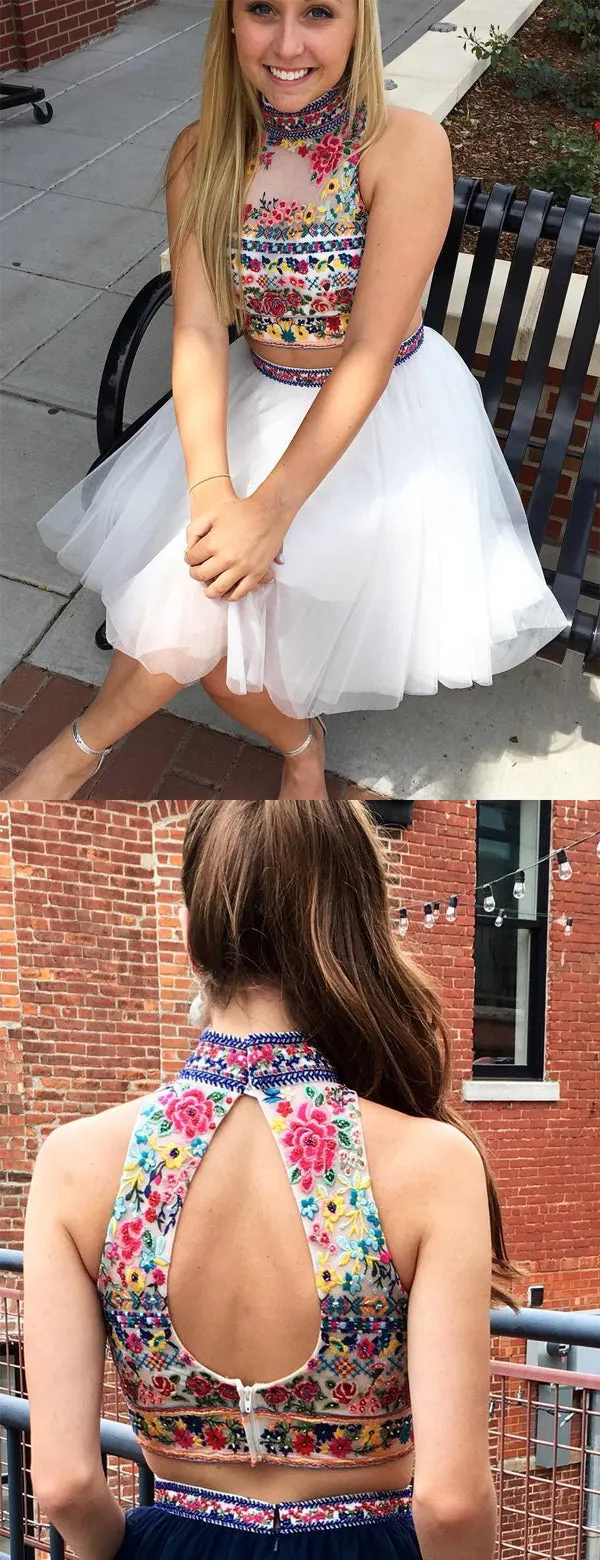 White Two Piece Embroidery High Neck Open Back Homecoming Dresses ,HD0018