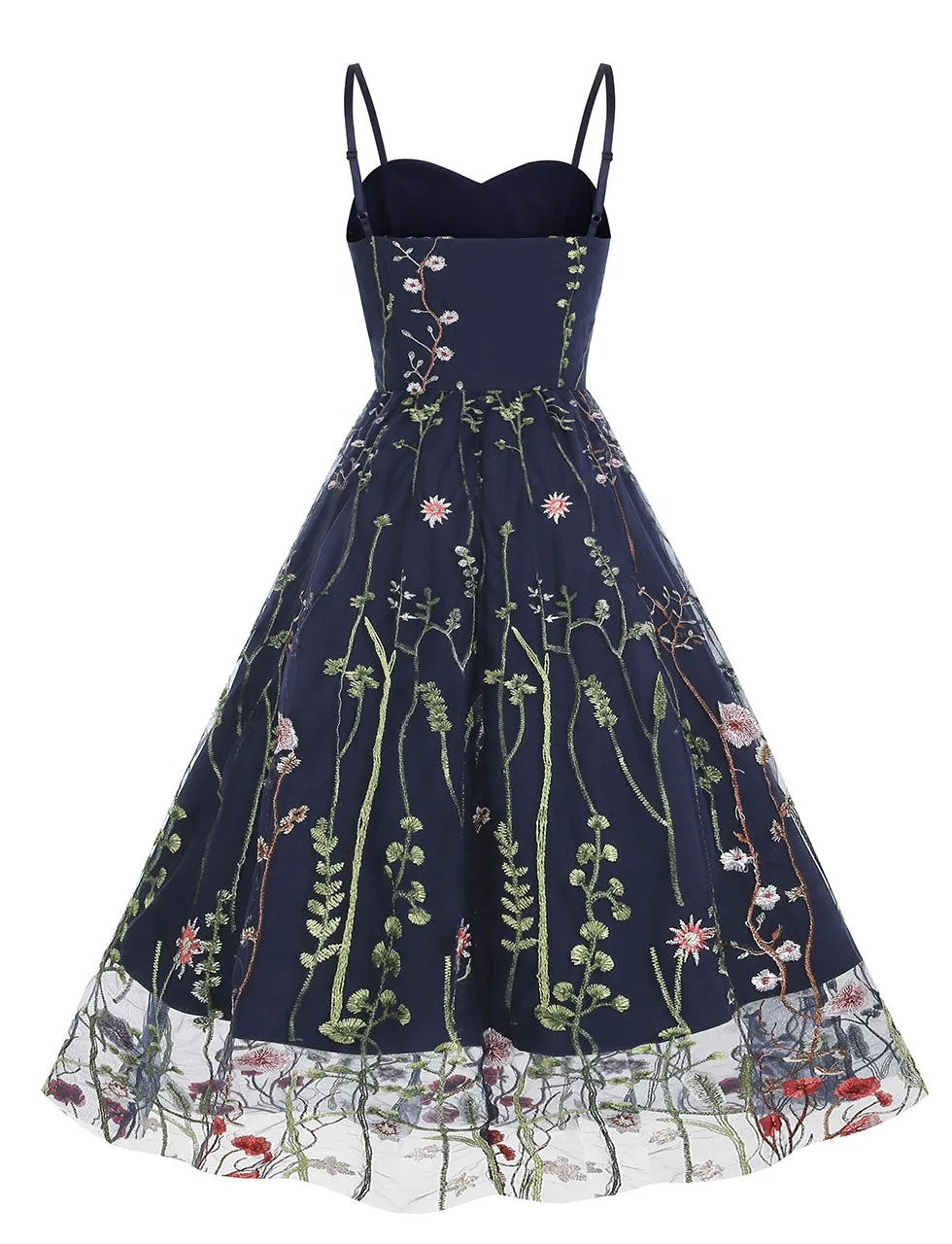 Wine Red Semi Mesh Flower Embroidered Spaghetti Strap Sleeveless 50S Swing Dress