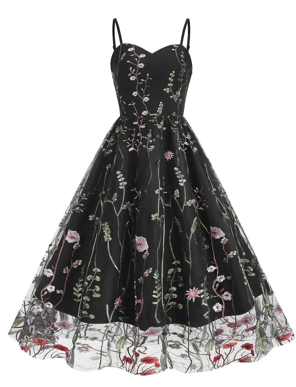Wine Red Semi Mesh Flower Embroidered Spaghetti Strap Sleeveless 50S Swing Dress