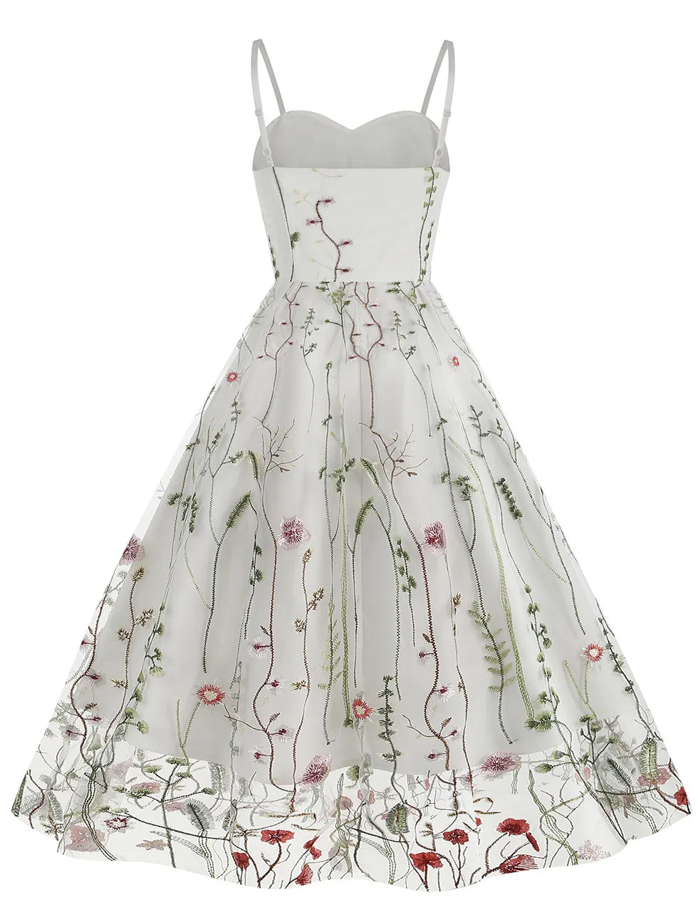 Wine Red Semi Mesh Flower Embroidered Spaghetti Strap Sleeveless 50S Swing Dress