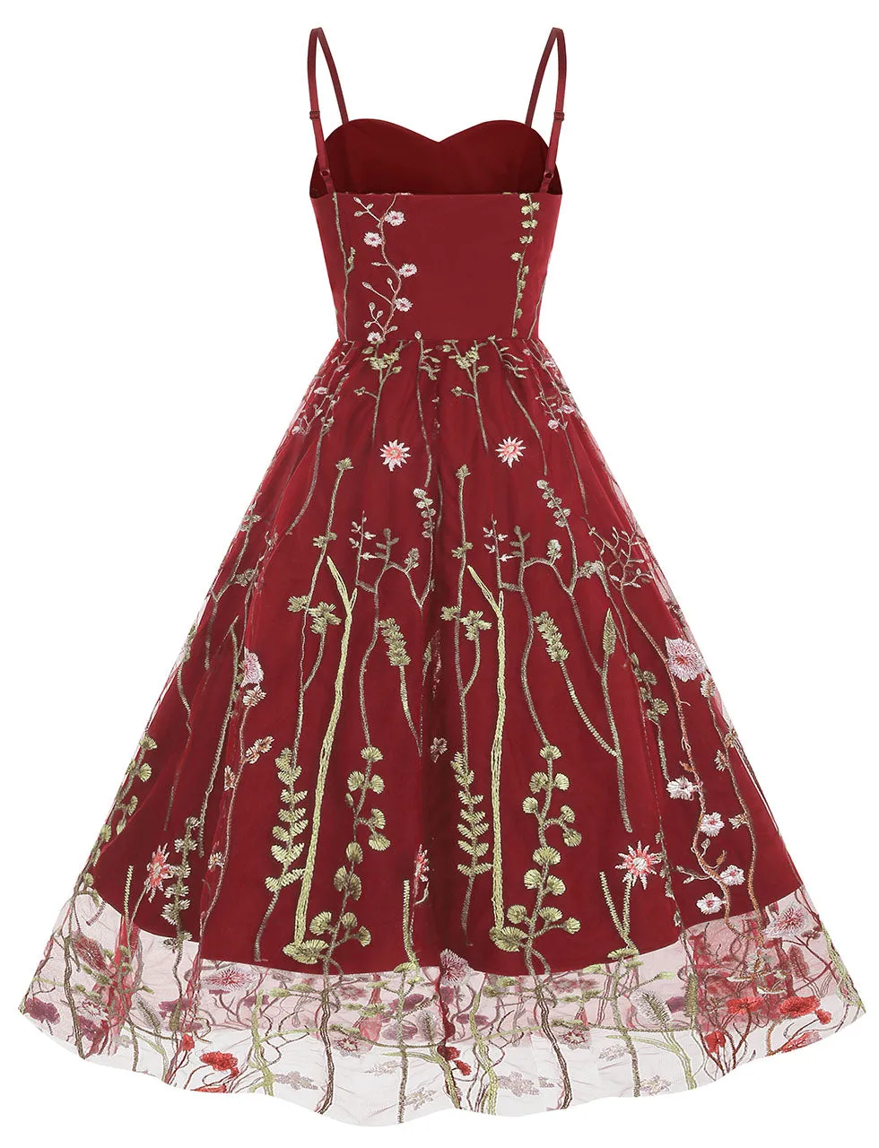 Wine Red Semi Mesh Flower Embroidered Spaghetti Strap Sleeveless 50S Swing Dress