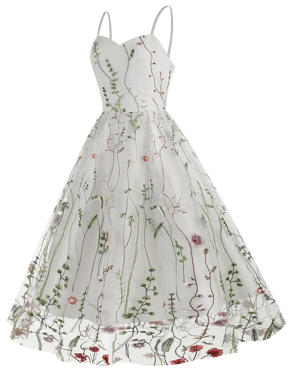 Wine Red Semi Mesh Flower Embroidered Spaghetti Strap Sleeveless 50S Swing Dress