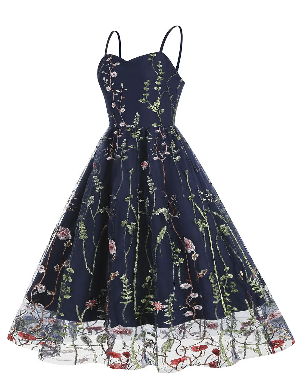 Wine Red Semi Mesh Flower Embroidered Spaghetti Strap Sleeveless 50S Swing Dress