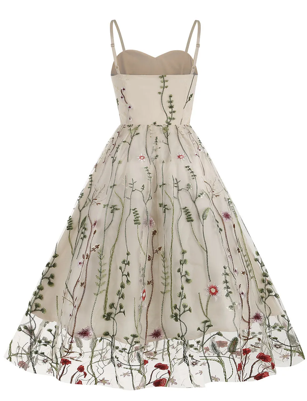 Wine Red Semi Mesh Flower Embroidered Spaghetti Strap Sleeveless 50S Swing Dress
