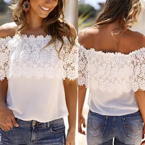 Women Lace Crochet Off Shoulder Chiffon Shirt Casual Tops Blouse