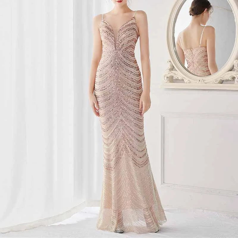 Women Shiny Sleeveless Formal Evening Dresses Spaghetti Strap Ball Gown S-4XL