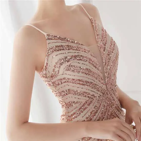 Women Shiny Sleeveless Formal Evening Dresses Spaghetti Strap Ball Gown S-4XL