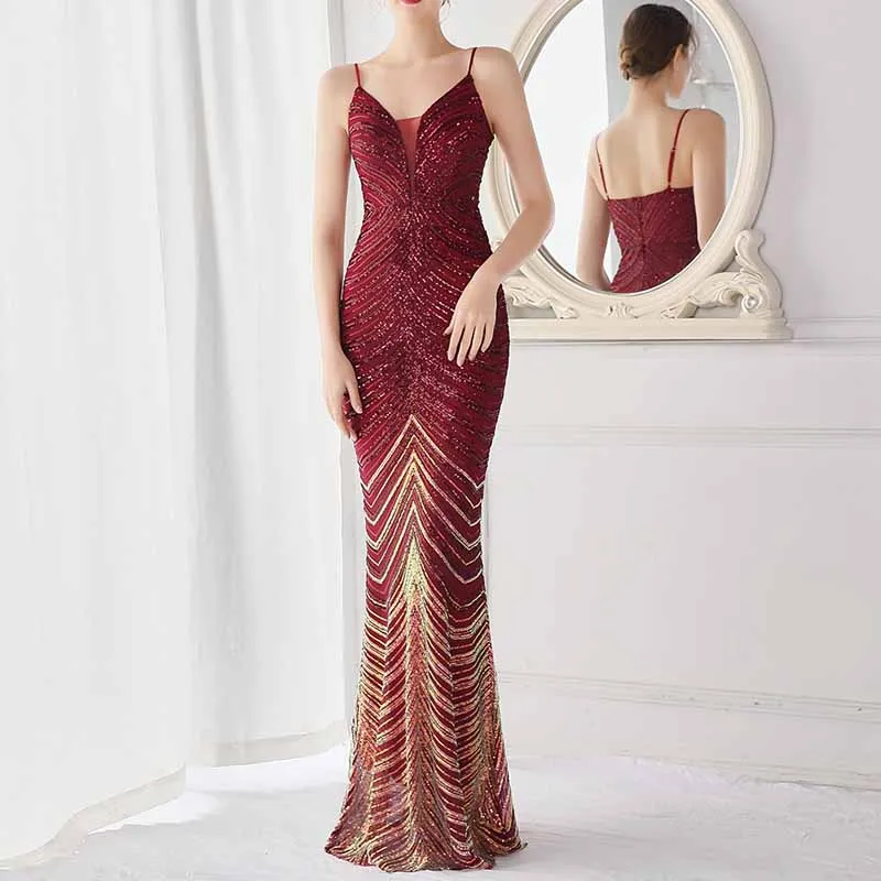 Women Shiny Sleeveless Formal Evening Dresses Spaghetti Strap Ball Gown S-4XL