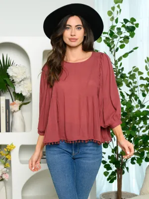 WOMEN'S 3/4 SLEEVES TRIM DETAIL TUNIC TOP