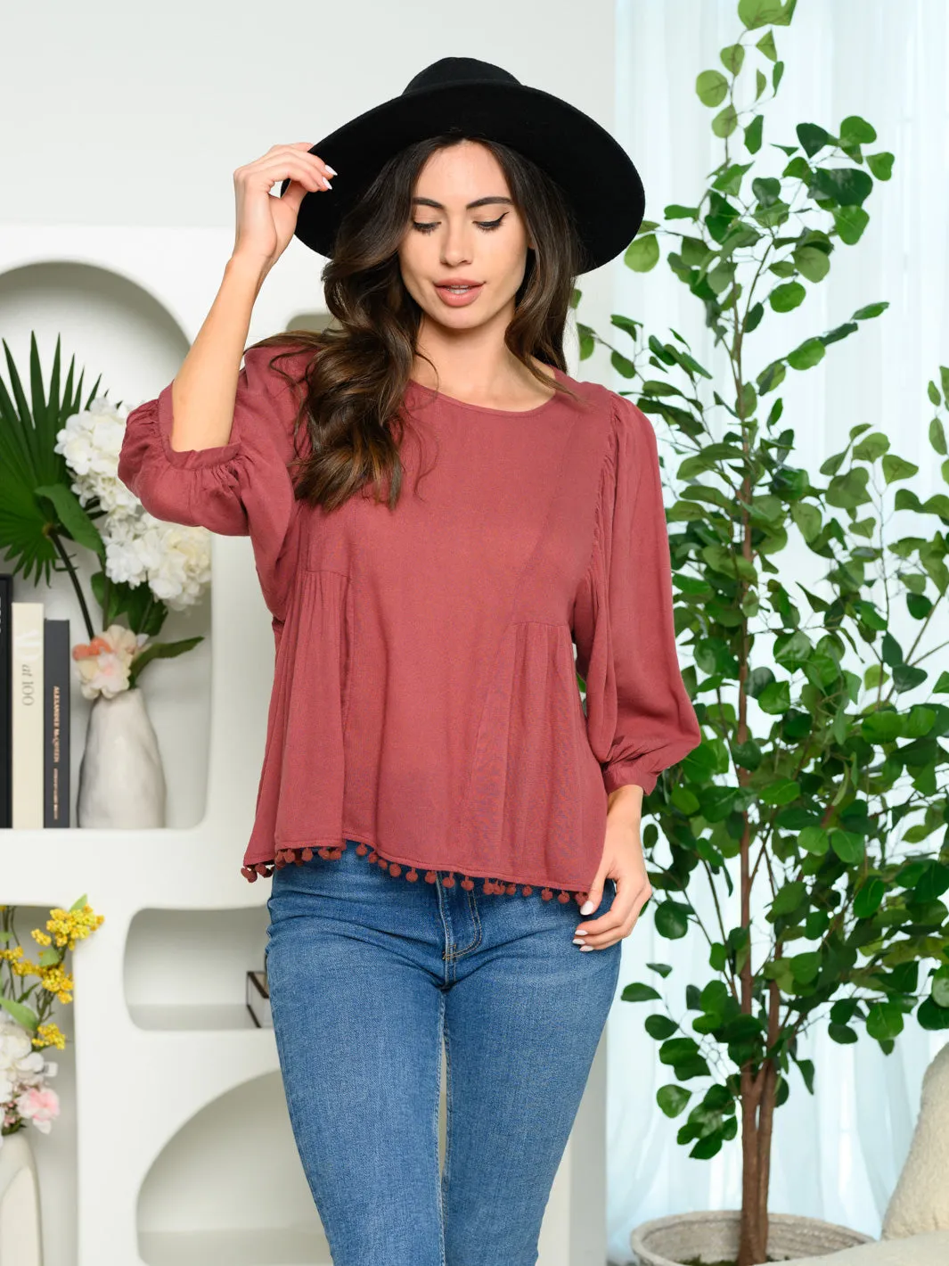 WOMEN'S 3/4 SLEEVES TRIM DETAIL TUNIC TOP