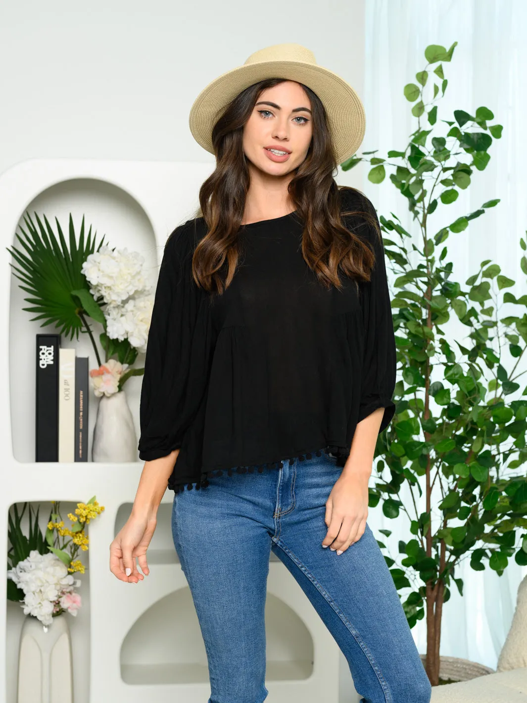 WOMEN'S 3/4 SLEEVES TRIM DETAIL TUNIC TOP