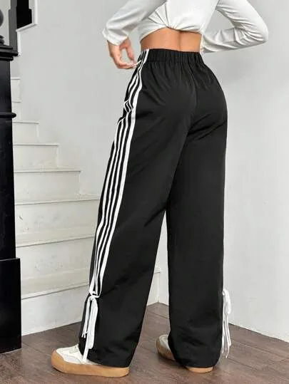 Women’s Black Side Contrast White Tape Elastic Waist Pants