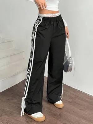 Women’s Black Side Contrast White Tape Elastic Waist Pants