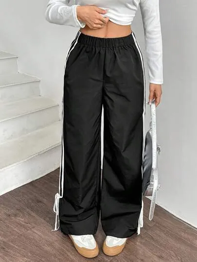 Women’s Black Side Contrast White Tape Elastic Waist Pants
