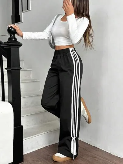 Women’s Black Side Contrast White Tape Elastic Waist Pants