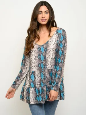 WOMEN'S LONG SLEEVE SNAKE PRINT TIERED TOP