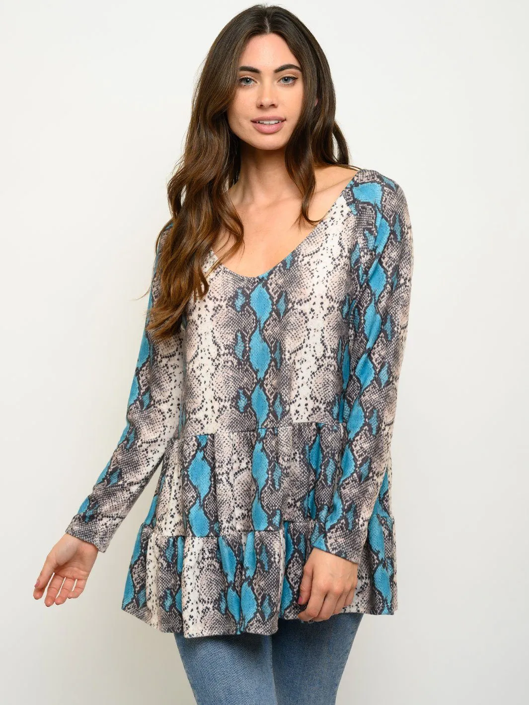 WOMEN'S LONG SLEEVE SNAKE PRINT TIERED TOP