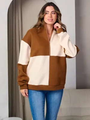 WOMEN'S LONG SLEEVE ZIP UP NECK COLORBLOCK SWEATER