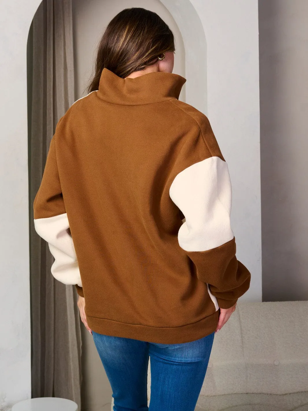 WOMEN'S LONG SLEEVE ZIP UP NECK COLORBLOCK SWEATER
