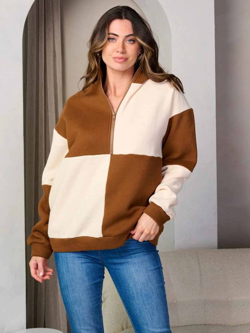 WOMEN'S LONG SLEEVE ZIP UP NECK COLORBLOCK SWEATER