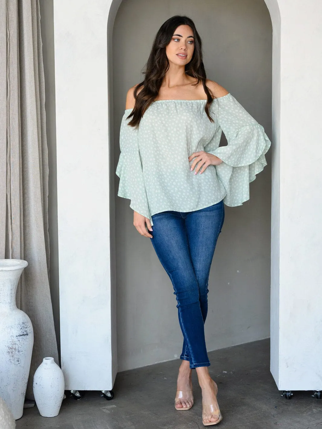 WOMEN'S OFF SHOULDER BELL SLEEVE ANIMAL PRINT TUNIC TOP