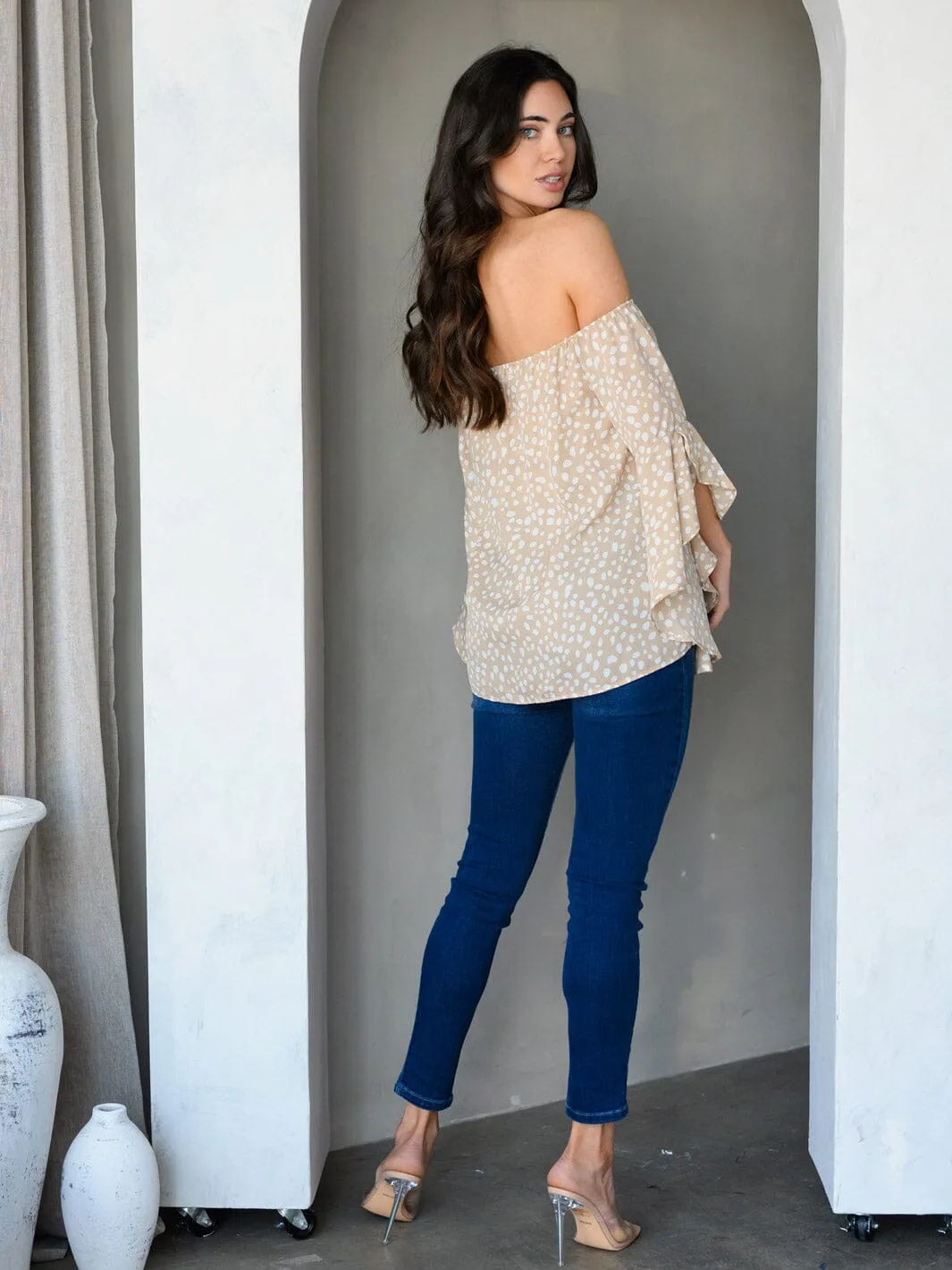 WOMEN'S OFF SHOULDER BELL SLEEVE ANIMAL PRINT TUNIC TOP