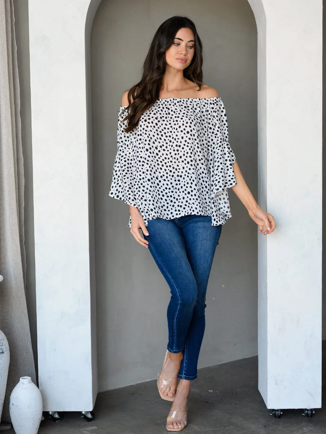WOMEN'S OFF SHOULDER BELL SLEEVE ANIMAL PRINT TUNIC TOP