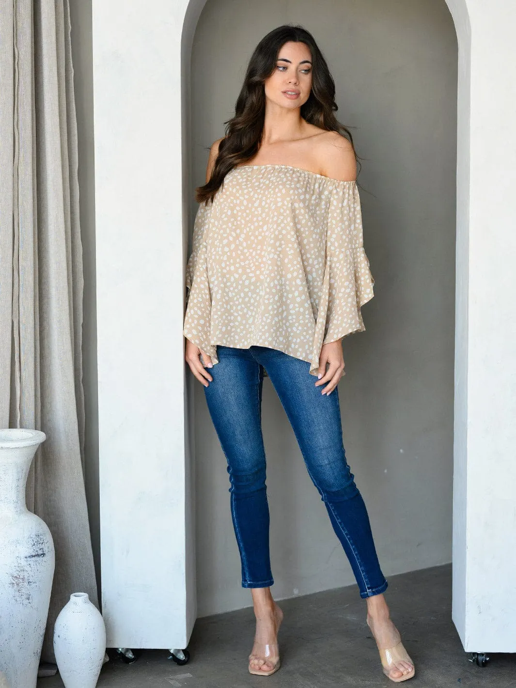 WOMEN'S OFF SHOULDER BELL SLEEVE ANIMAL PRINT TUNIC TOP