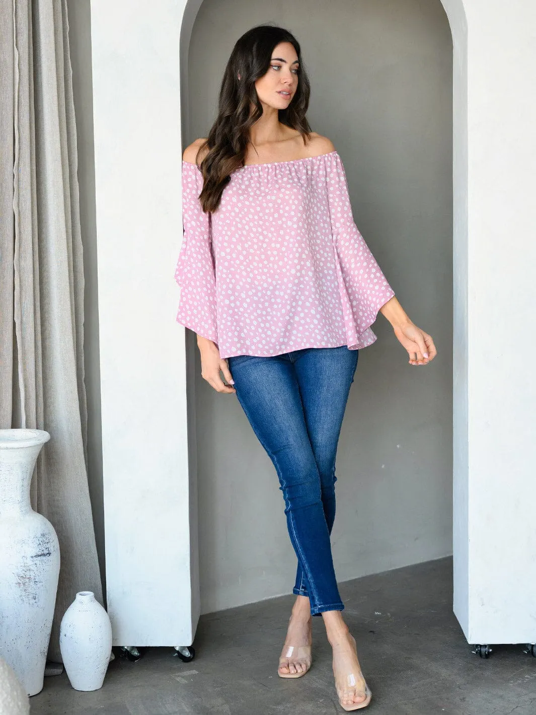WOMEN'S OFF SHOULDER BELL SLEEVE ANIMAL PRINT TUNIC TOP