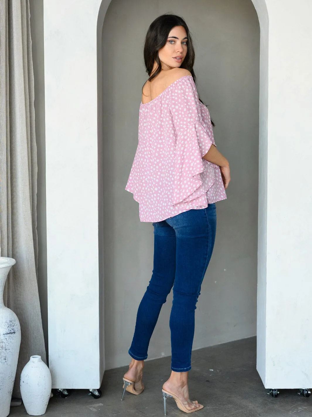 WOMEN'S OFF SHOULDER BELL SLEEVE ANIMAL PRINT TUNIC TOP