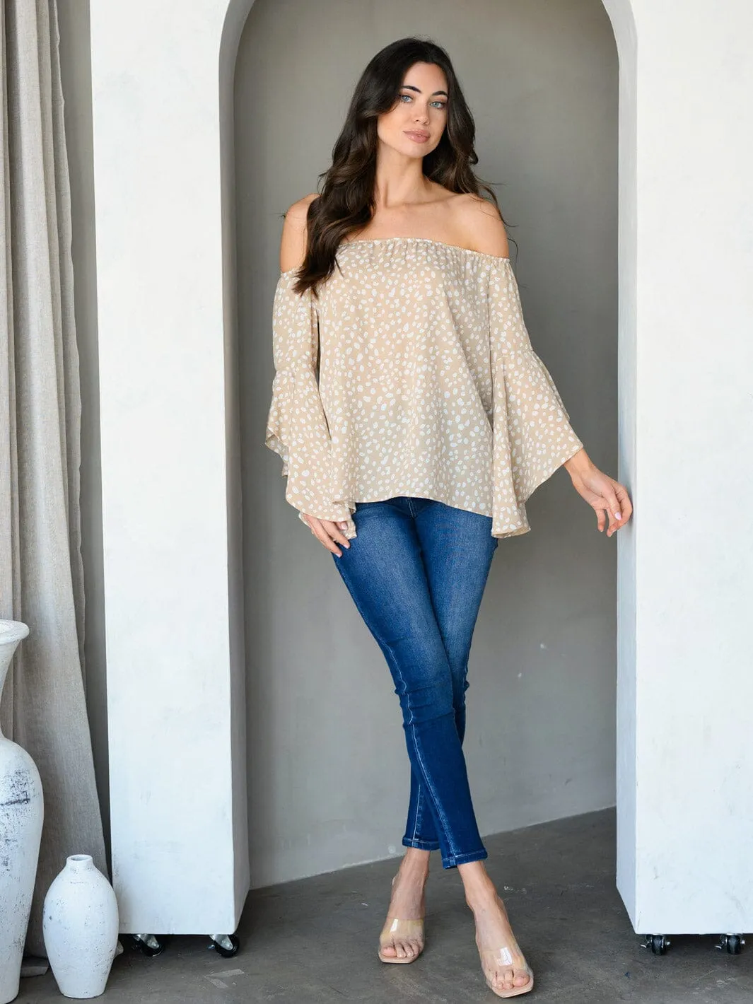 WOMEN'S OFF SHOULDER BELL SLEEVE ANIMAL PRINT TUNIC TOP