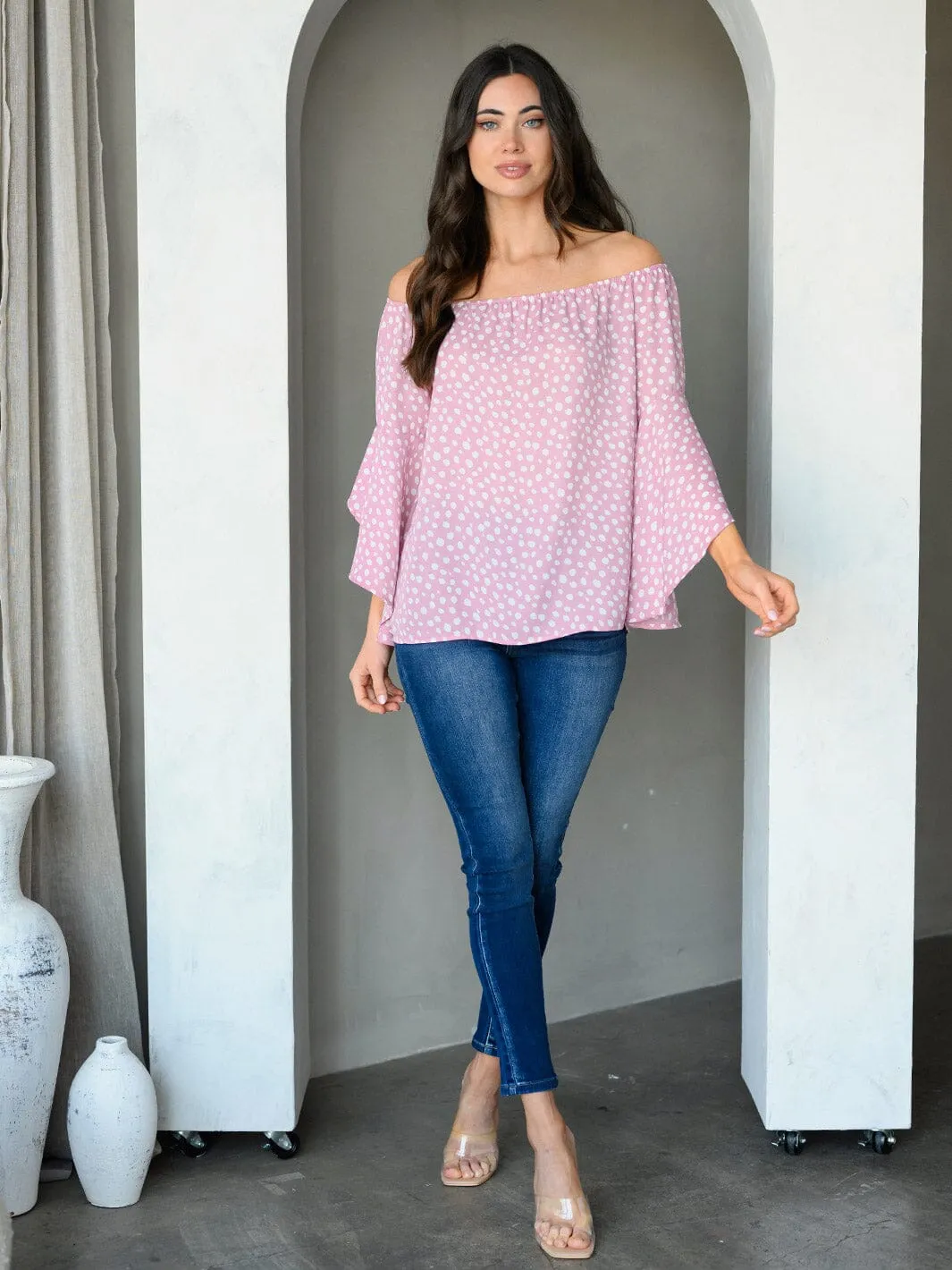 WOMEN'S OFF SHOULDER BELL SLEEVE ANIMAL PRINT TUNIC TOP