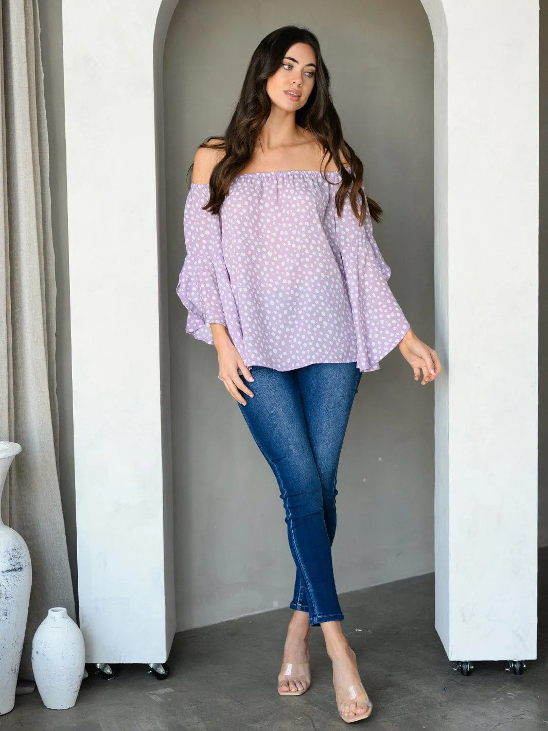 WOMEN'S OFF SHOULDER BELL SLEEVE ANIMAL PRINT TUNIC TOP