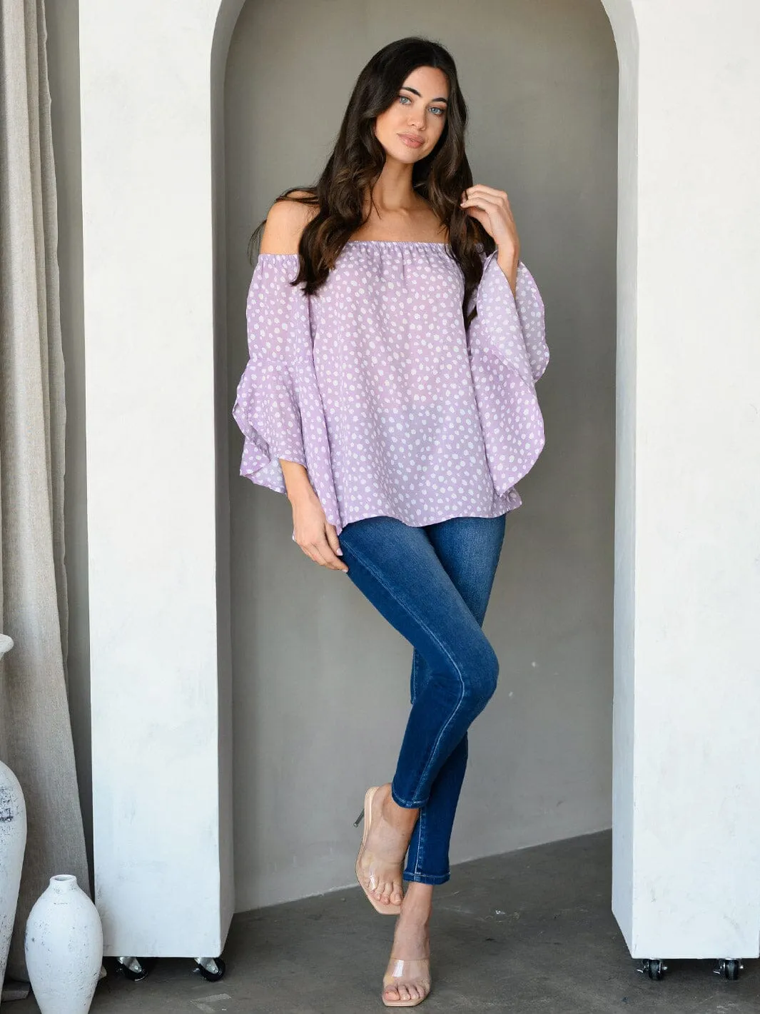 WOMEN'S OFF SHOULDER BELL SLEEVE ANIMAL PRINT TUNIC TOP