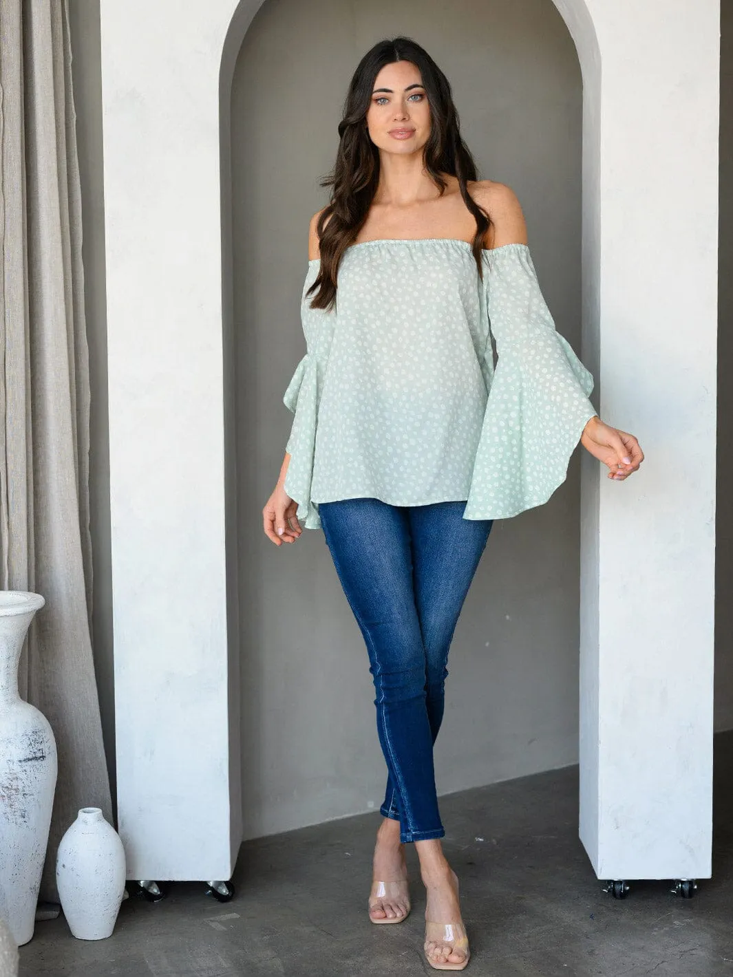WOMEN'S OFF SHOULDER BELL SLEEVE ANIMAL PRINT TUNIC TOP