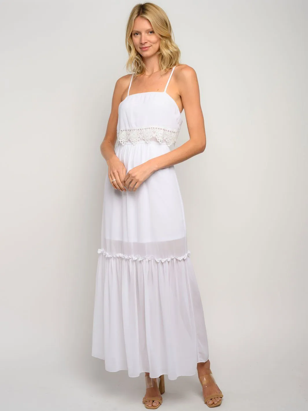 WOMEN'S RUFFLE CROCHET DETAIL MAXI DRESS