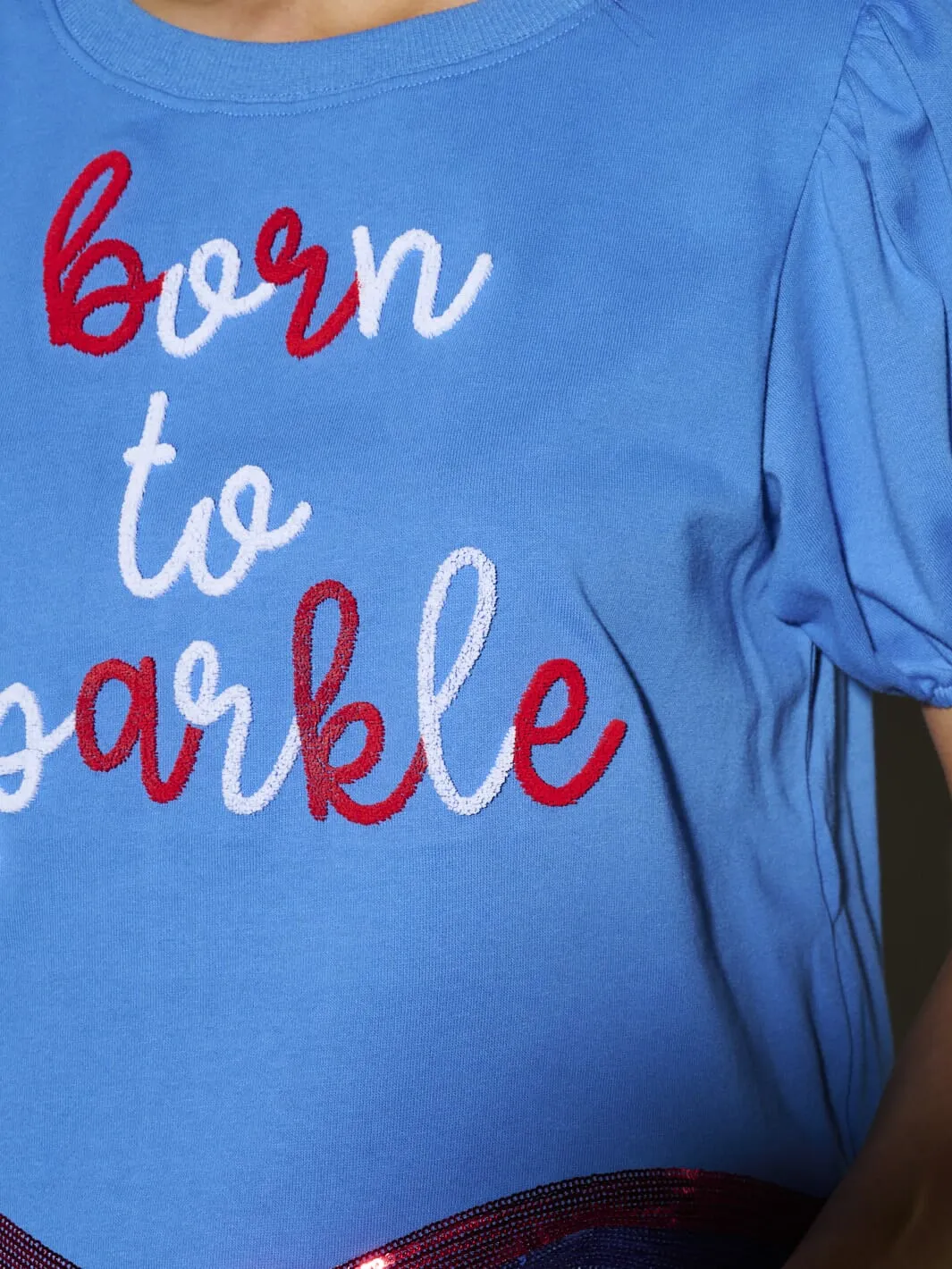 WOMEN'S SHORT SLEEVE SEQUINS BORN TO SPARKLE PATRIOTIC TUNIC BLOUSE TOP