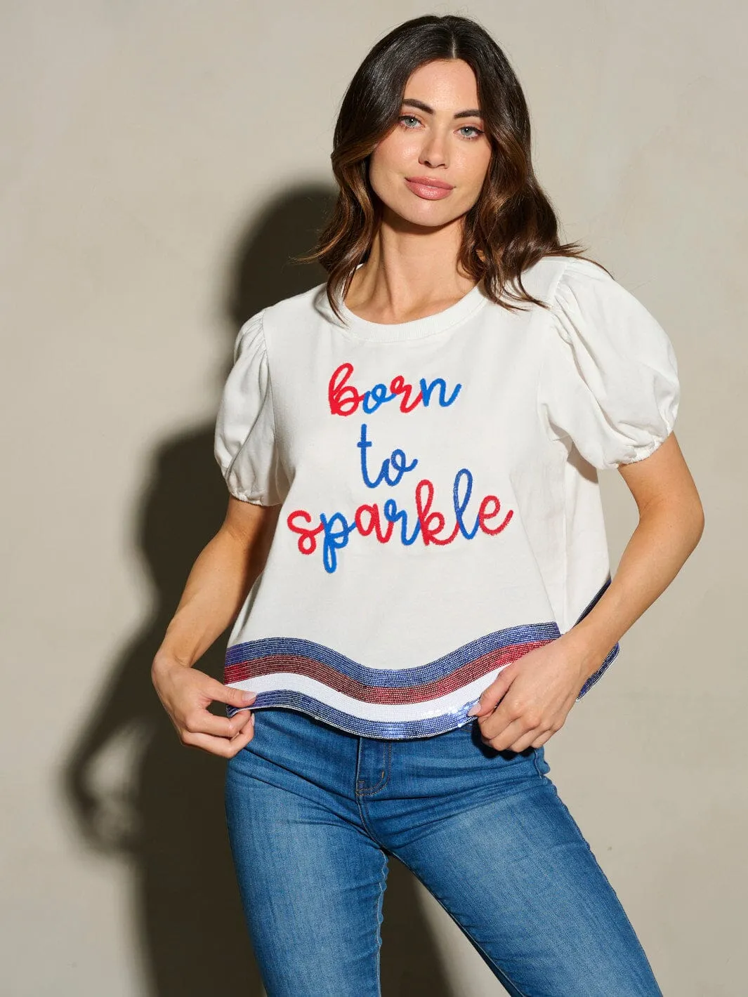 WOMEN'S SHORT SLEEVE SEQUINS BORN TO SPARKLE PATRIOTIC TUNIC BLOUSE TOP