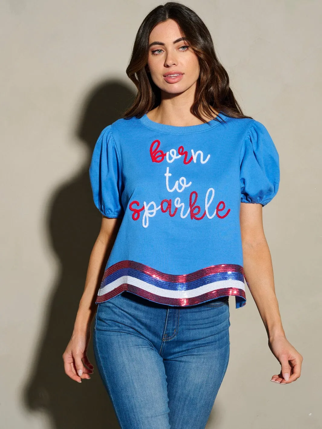 WOMEN'S SHORT SLEEVE SEQUINS BORN TO SPARKLE PATRIOTIC TUNIC BLOUSE TOP