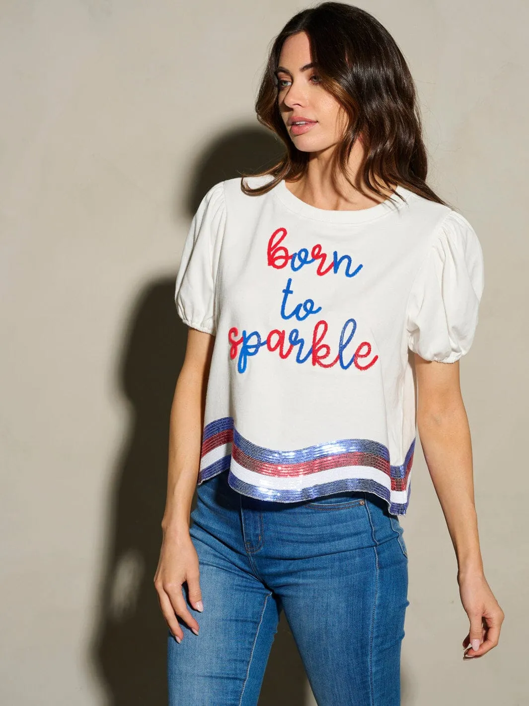 WOMEN'S SHORT SLEEVE SEQUINS BORN TO SPARKLE PATRIOTIC TUNIC BLOUSE TOP