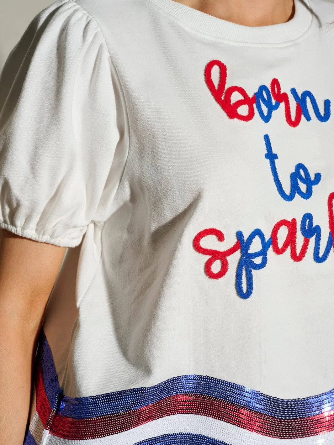 WOMEN'S SHORT SLEEVE SEQUINS BORN TO SPARKLE PATRIOTIC TUNIC BLOUSE TOP