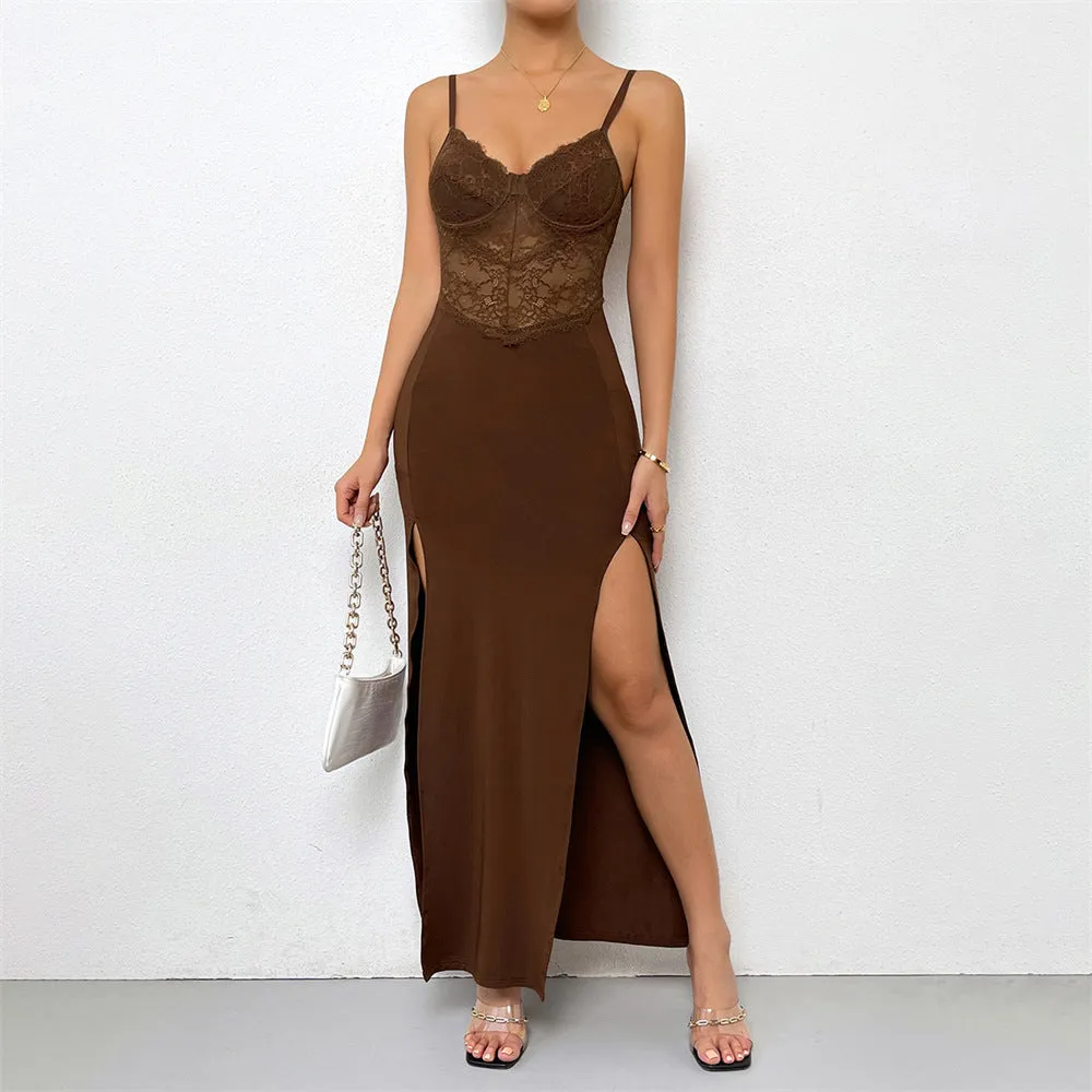 Women's Spaghetti Strap Dress with Lace Bodice