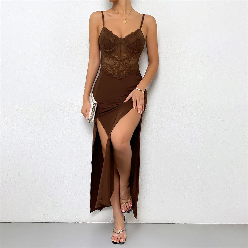 Women's Spaghetti Strap Dress with Lace Bodice