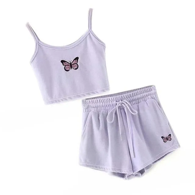 Yellow Velvet Crop Top and Shorts Women 2 Pieces Set Summer Embroidery Cami Drawstring Shorts Female Loungewear Suit