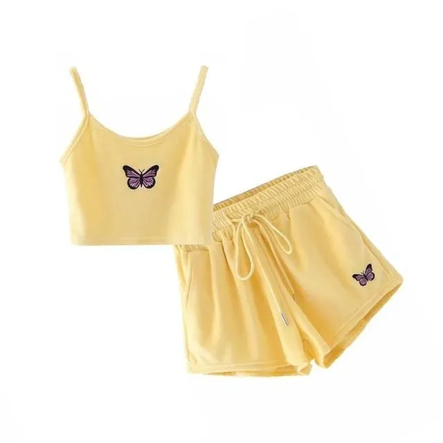 Yellow Velvet Crop Top and Shorts Women 2 Pieces Set Summer Embroidery Cami Drawstring Shorts Female Loungewear Suit