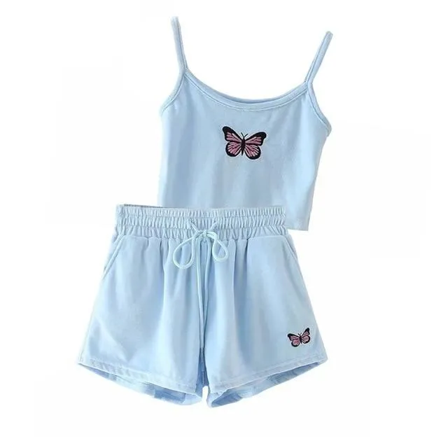 Yellow Velvet Crop Top and Shorts Women 2 Pieces Set Summer Embroidery Cami Drawstring Shorts Female Loungewear Suit