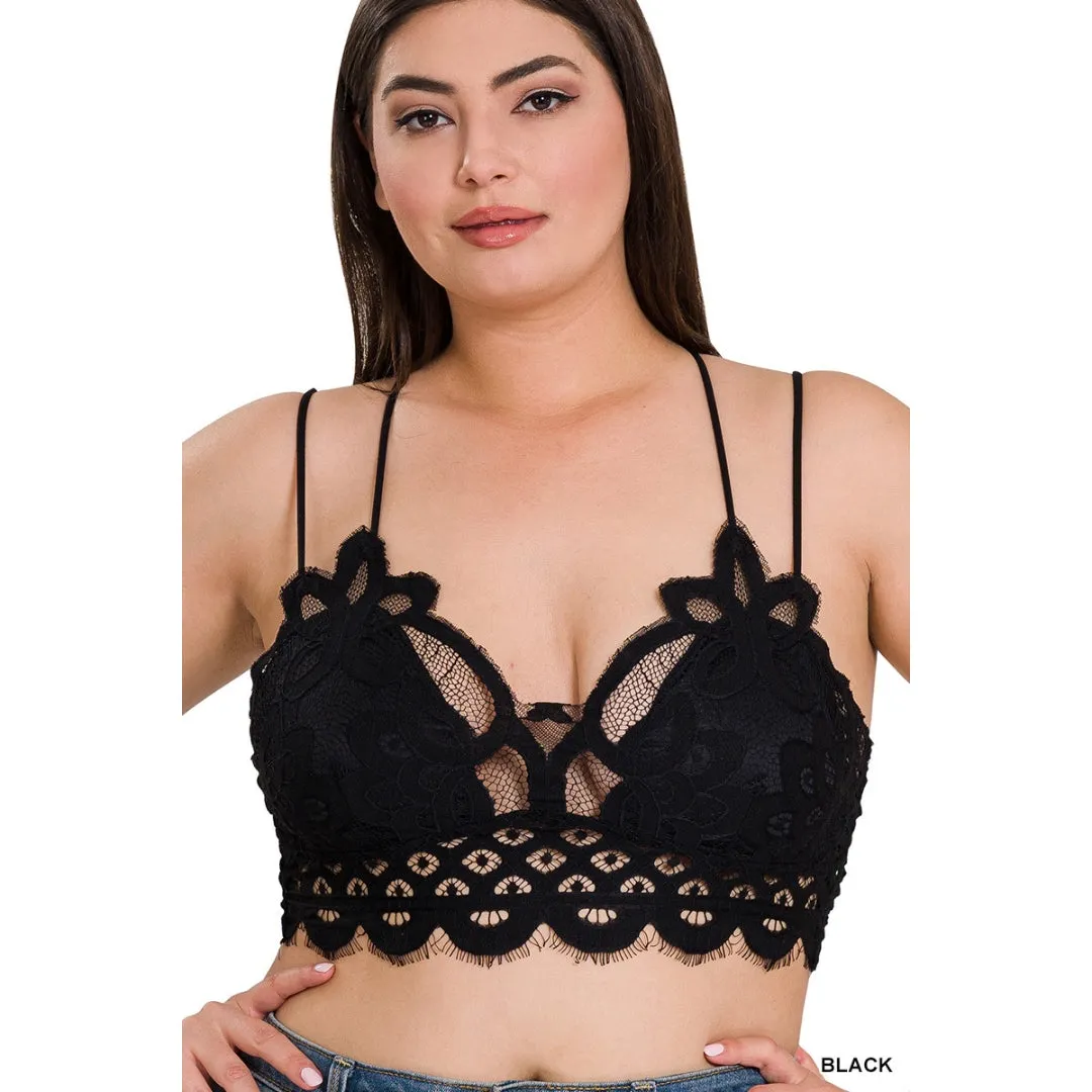 Zenana Black Padded Lace Crisscross Strap Bralette LT-6333