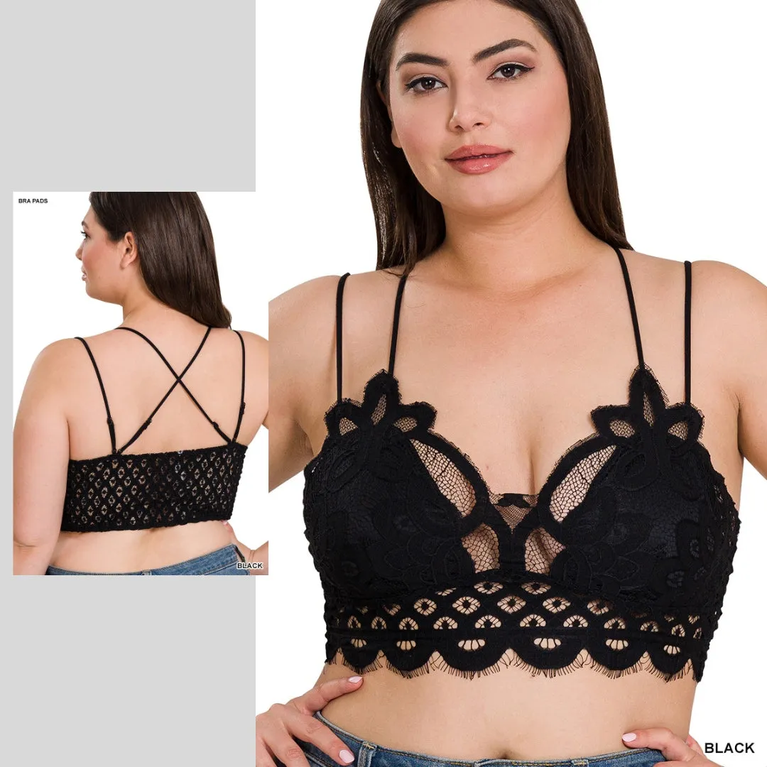 Zenana Black Padded Lace Crisscross Strap Bralette LT-6333